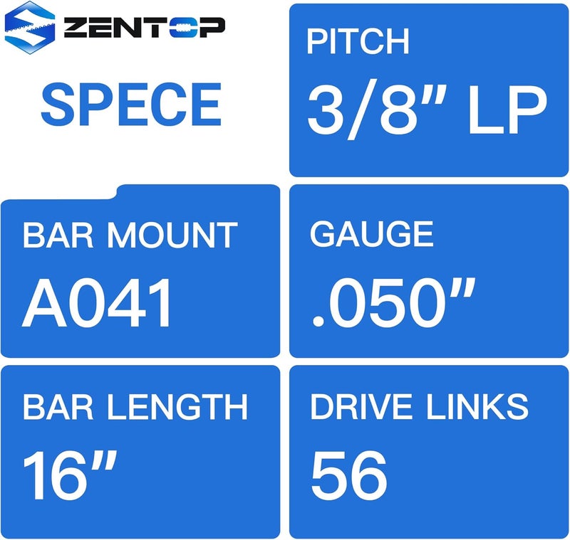 Zentop 16 Inch Chainsaw Bar and Chains, .050'' Gauge 3/8" LP Pitch 56DL Fits Echo, Poulan, Craftsman, Ryobi, Greenworks and More - Image 2